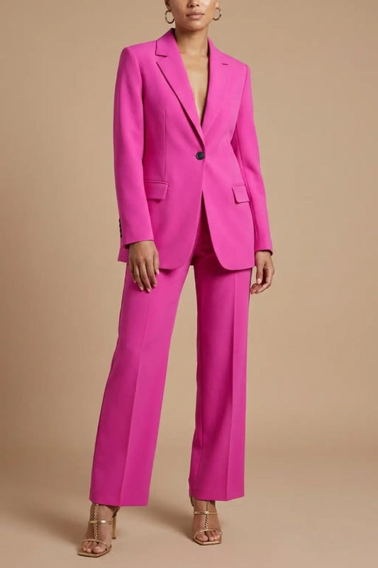 Women's tailored polyester suit featuring an elegant blazer and wide-leg trousers, stylish and sophisticated for professional wear.