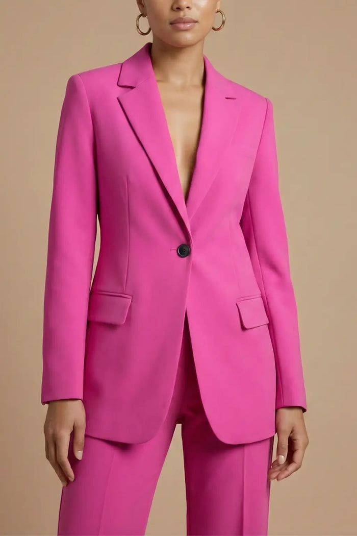 Women's tailored polyester suit featuring an elegant blazer and wide-leg trousers, stylishly designed for a polished look.