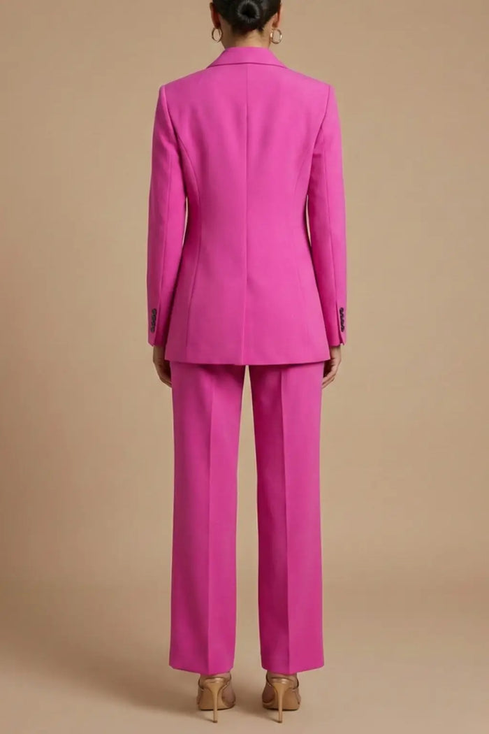 Women’s tailored polyester suit featuring an elegant blazer and wide-leg trousers, stylish and professional for women’s fashion.