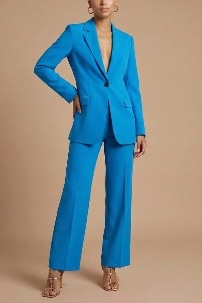 Elegant women's tailored polyester suit by LondonLaneStore, featuring a stylish blazer and wide-leg trousers.