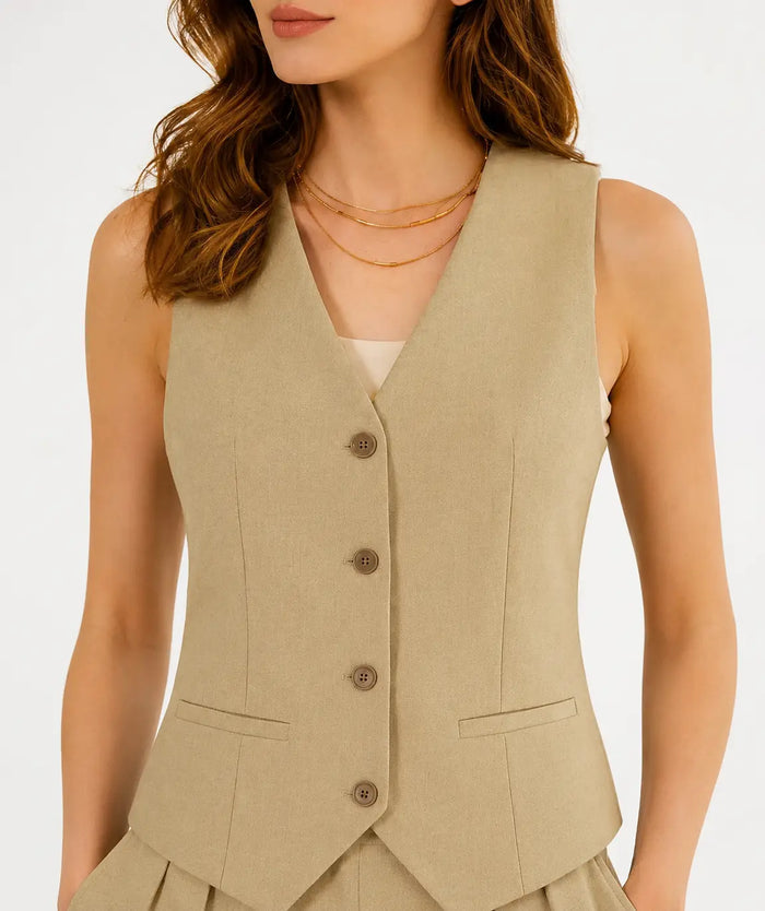 Elegant women's tailored suit set by LondonLaneStore featuring a halter neck waistcoat and wide-leg trousers for business attire.