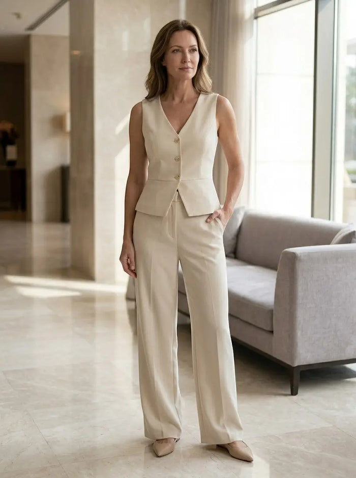 Women's tailored viscose wide-leg trouser and elegant V-neck waistcoat set, stylish and comfortable for sophisticated looks.