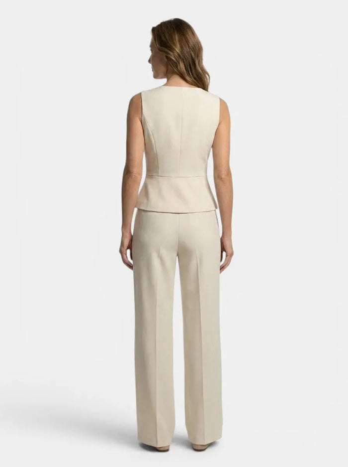 Women's tailored viscose wide-leg trouser and elegant V-neck waistcoat set by LondonLaneStore, styled for a sophisticated look.