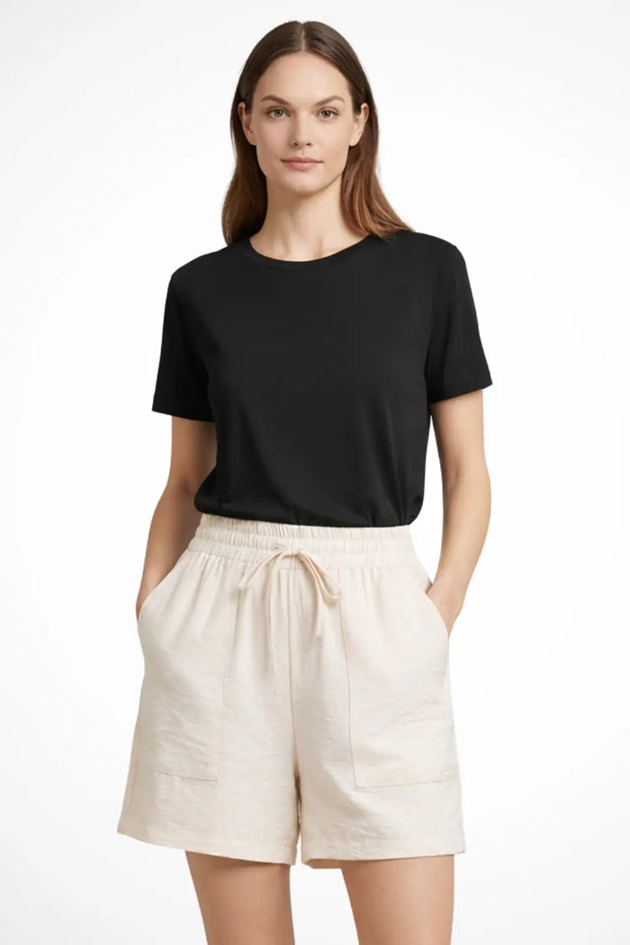 Women's textured fabric casual shorts with drawstring waist and pockets, perfect for comfortable everyday wear by LondonLaneStore.
