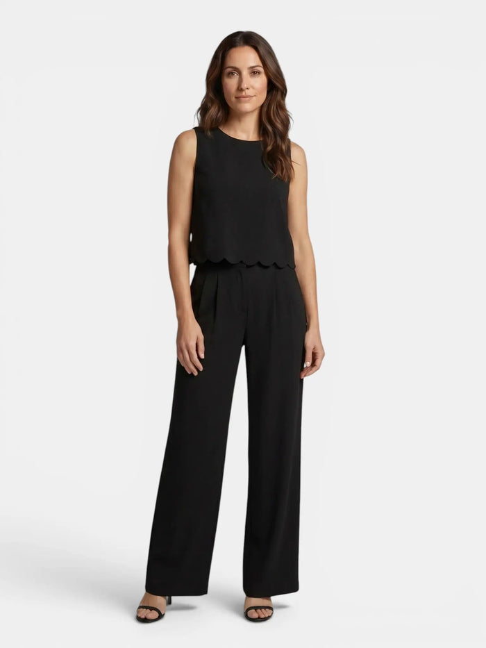 Women's textured fabric wide-leg trouser suit with stylish scallop hem sleeveless top by LondonLaneStore, shown in the image.