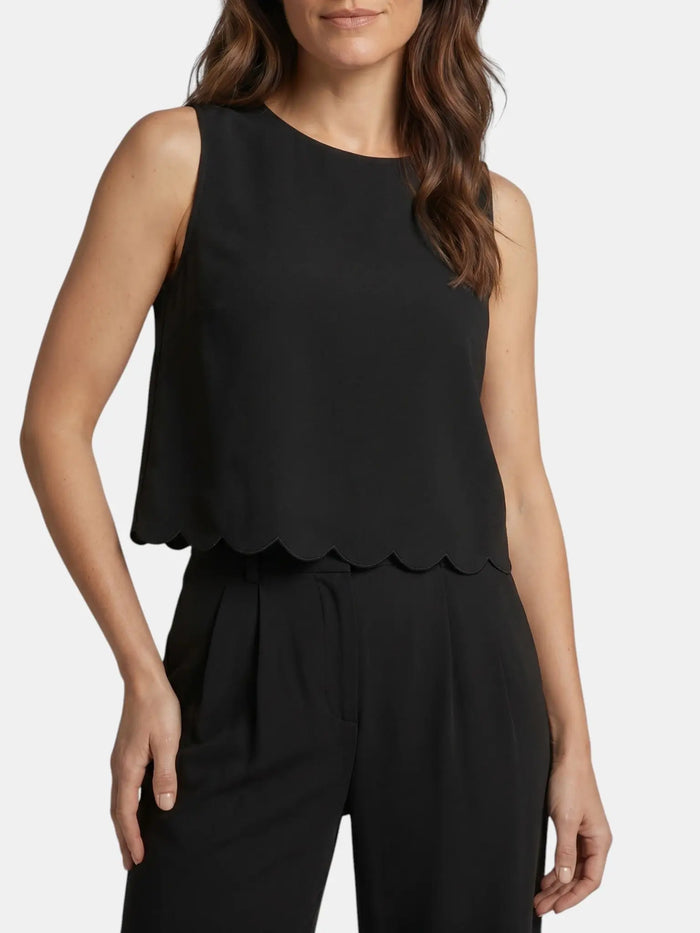 Women's textured fabric wide-leg trouser suit with stylish scallop hem sleeveless top, casual elegant look from LondonLaneStore.