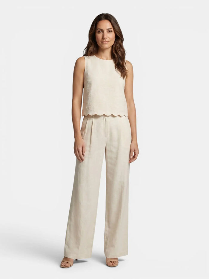 Women's textured fabric wide-leg trouser set with scallop hem sleeveless top, stylish women's suits by LondonLaneStore.
