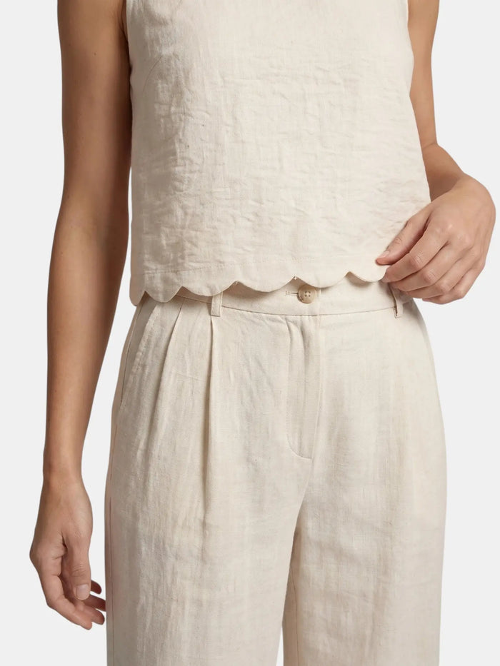 Women's textured fabric wide-leg trouser coordinate set with a stylish scallop hem sleeveless top, from LondonLaneStore.
