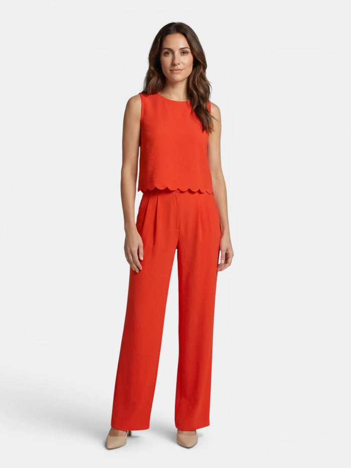 Women's textured fabric wide-leg trouser set with scallop hem sleeveless top, stylish women's suit from LondonLaneStore.