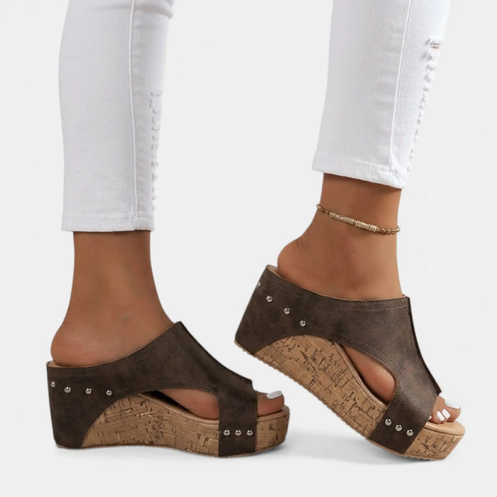 Women’s textured open toe platform wedge sandals in neutral tones, stylish casual summer shoes from LondonLaneStore.