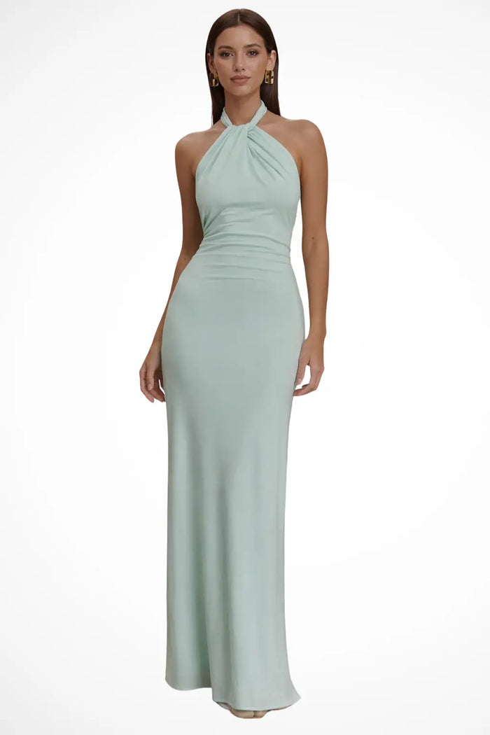 Women’s twisted knot open back maxi dress by LondonLaneStore featuring a sleek bodycon silhouette and elegant design.