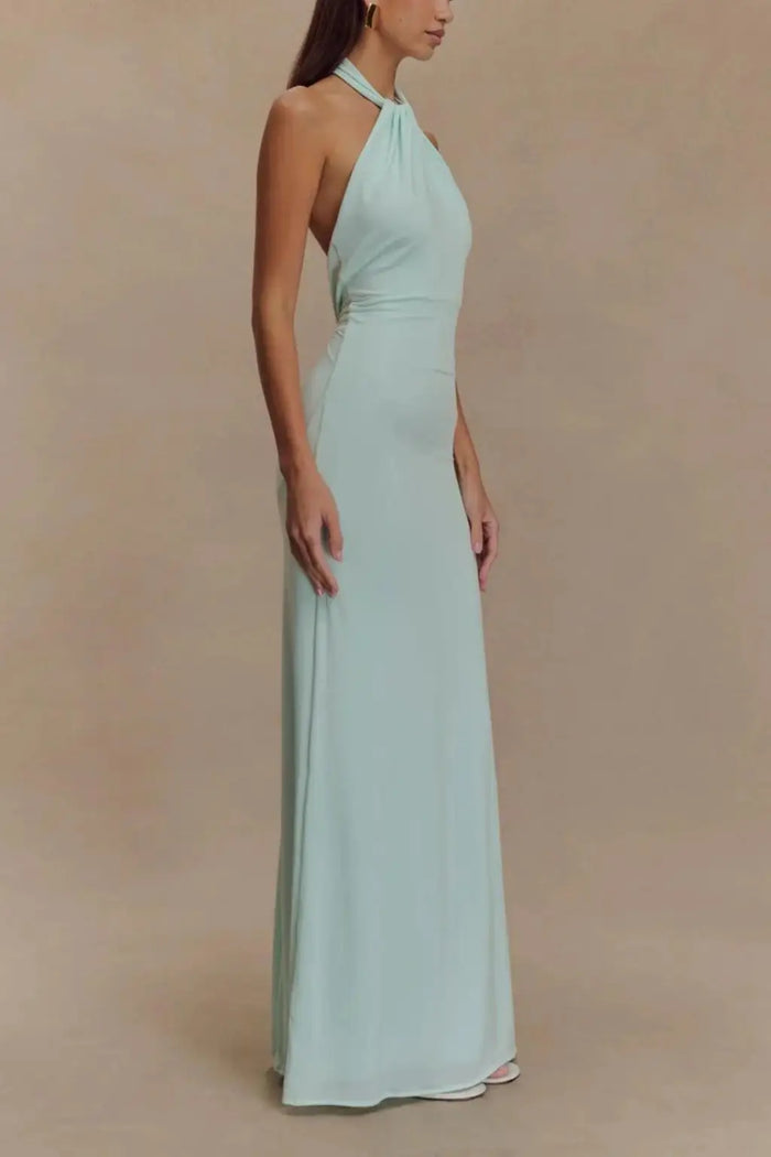 Women’s twisted knot open-back maxi dress by LondonLaneStore featuring a sleek bodycon silhouette and elegant design.