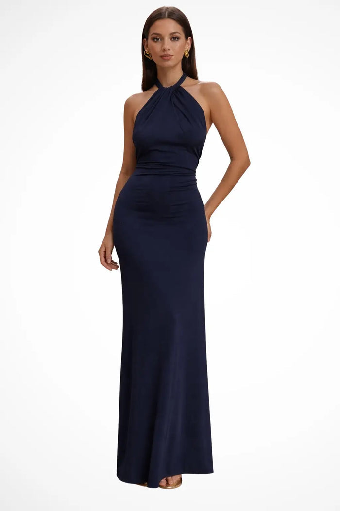 Women’s twisted knot open-back maxi dress with sleek bodycon fit, featuring a stylish open-back design and elegant silhouette.