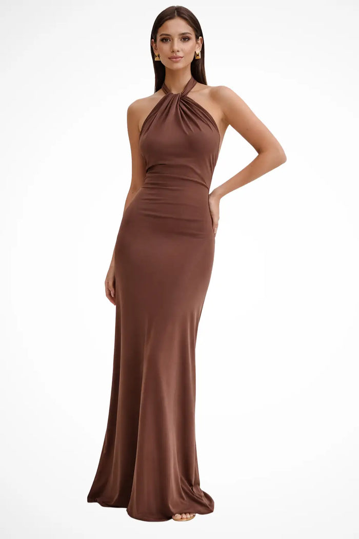 Women’s twisted knot open-back maxi dress from LondonLaneStore featuring a sleek bodycon silhouette and elegant design.