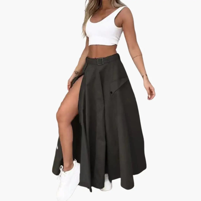 Women's woven maxi skirt with high slit and side pockets, stylish and elegant, perfect for casual or dressy occasions.