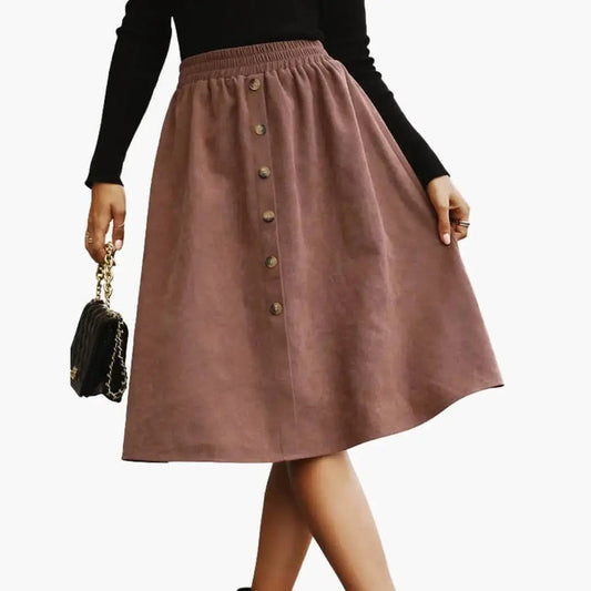 Women's woven midi skirt by LondonLaneStore featuring a straight cut and button details, showcasing a stylish and elegant design.
