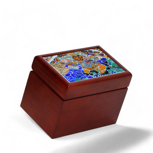 WOOD BOX: Lined Tea Bags Wood Box with printed tile lid - Opera "Gaudi" (#1)